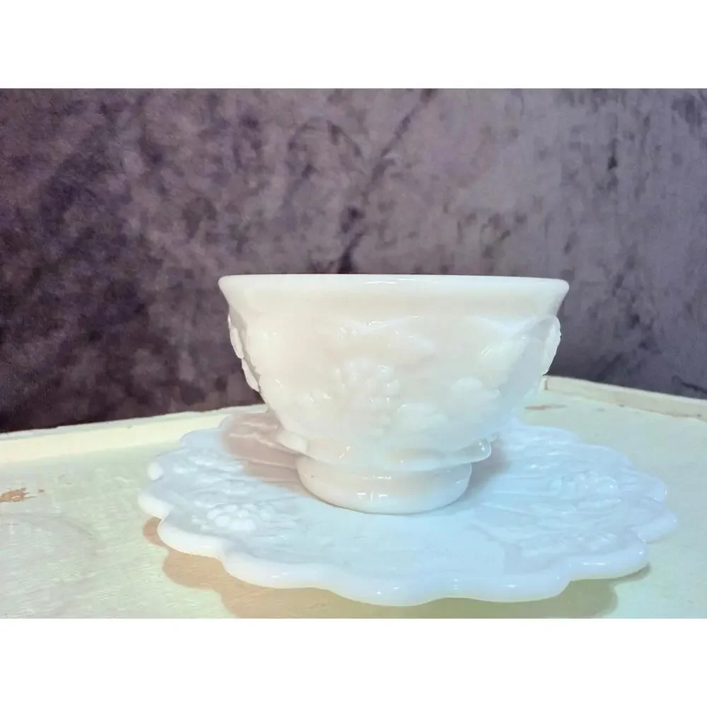 Vintage Milk Glass Teacup & Saucer Set Grapevine Relief Scalloped